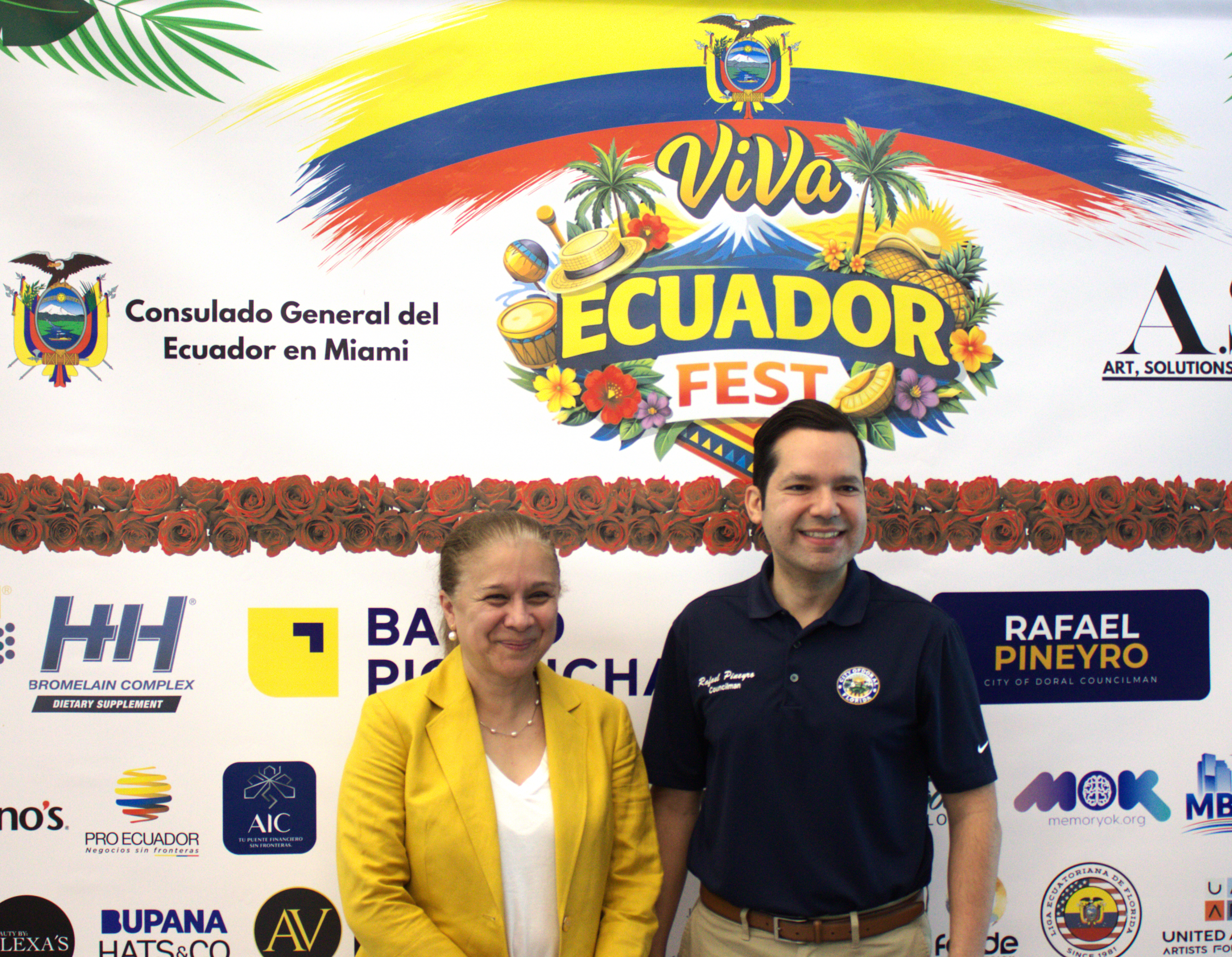 Viva Ecuador Fest 2026 in Doral, Florida, with the Consul of Ecuador in Miami, Verónica Aguilar, along with Doral City Councilman Rafael Pineyro.
