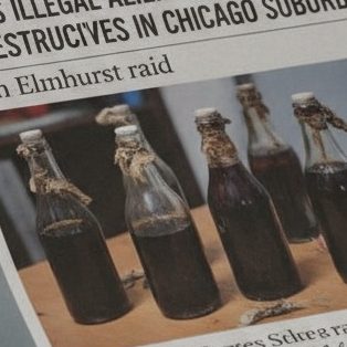 A newspaper titled The Daily Post rests on a wooden desk, featuring a headline about a federal grand jury indictment and an image of a man alongside several glass bottles.