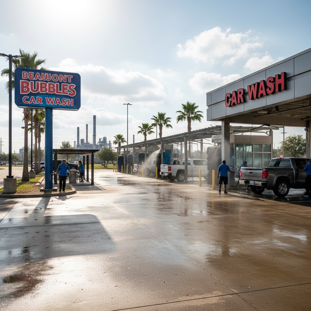 Employees in blue shirts wash vehicles at the Beaumont Bubbles Car Wash facility on a sunny day.