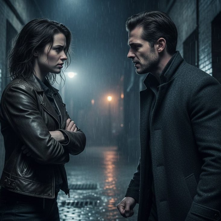 A man and a woman stand facing each other in a tense confrontation within a dark, rain-slicked alleyway at night.