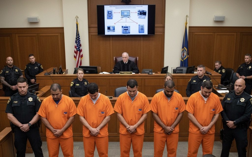 Five men in orange jumpsuits stand before a judge in a courtroom with law enforcement officers and confiscated ATM equipment on a table in the foreground.