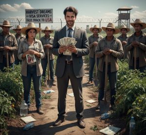 A man in a suit holding a fan of cash stands in a field among farm workers in front of a sign that reads "Harvest Dreams - Visa Services - Fast Track to USA."