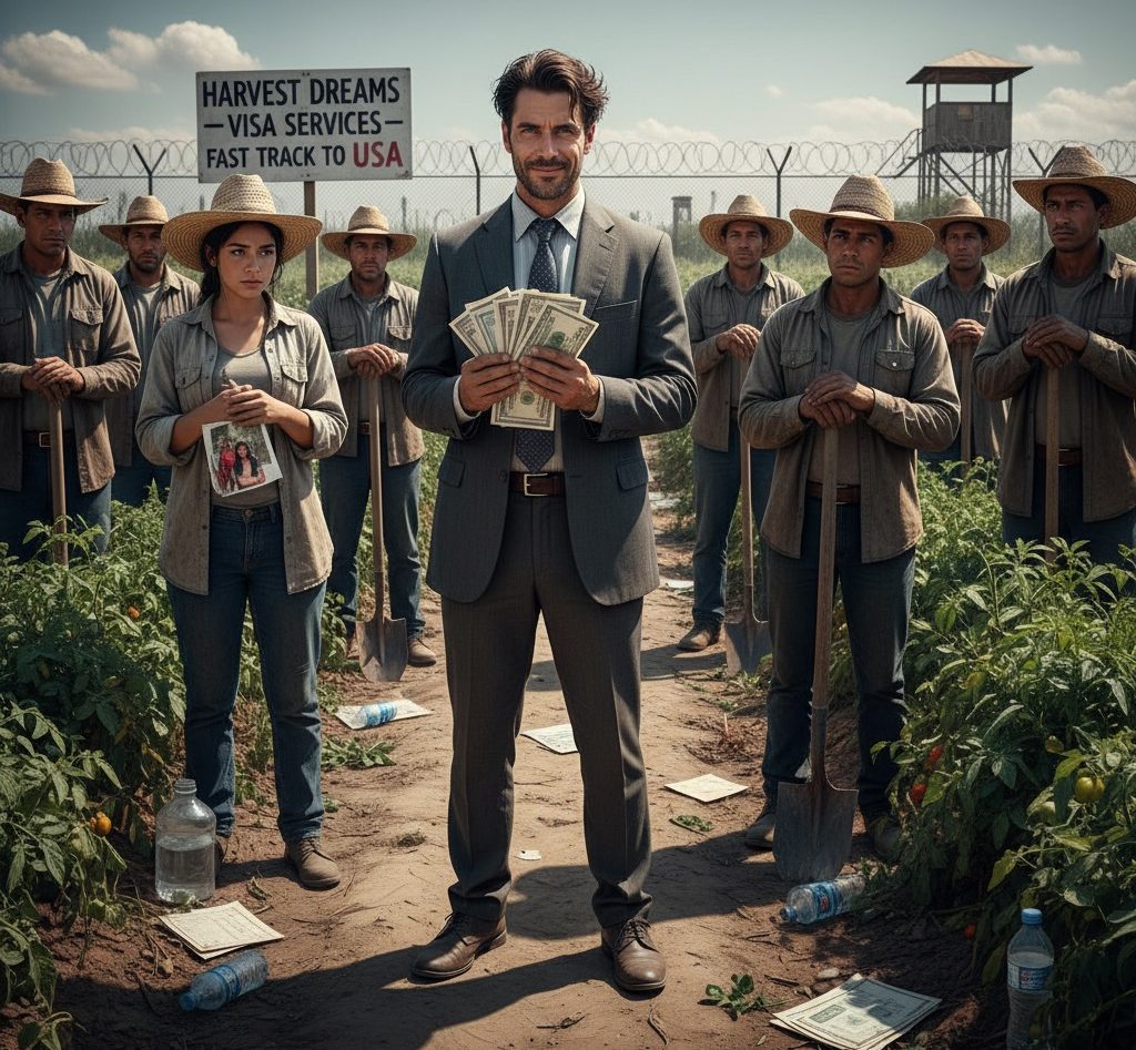 A man in a suit holding a fan of cash stands in a field among farm workers in front of a sign that reads "Harvest Dreams - Visa Services - Fast Track to USA."
