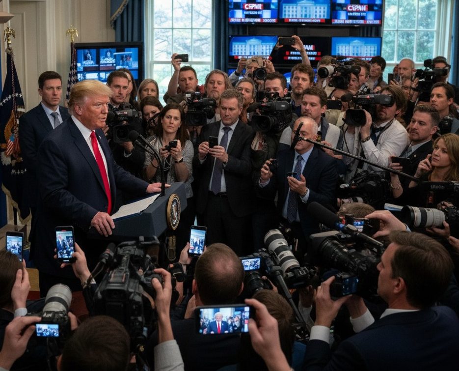Donald Trump stands at a podium giving a press conference while surrounded by a large crowd of reporters holding up cameras and phones.