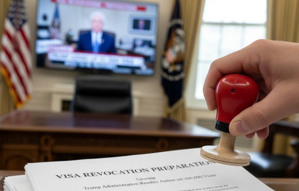 A hand stamps a stack of papers titled Visa Revocation Preparation with a red Canceled seal, with an office setting and American flag in the background.