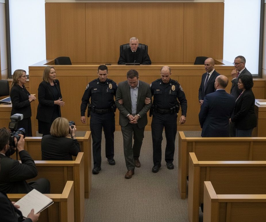 Two police officers escort a handcuffed man in a suit through a courtroom while a judge sits at the bench beneath a screen displaying a headline about a sentencing.