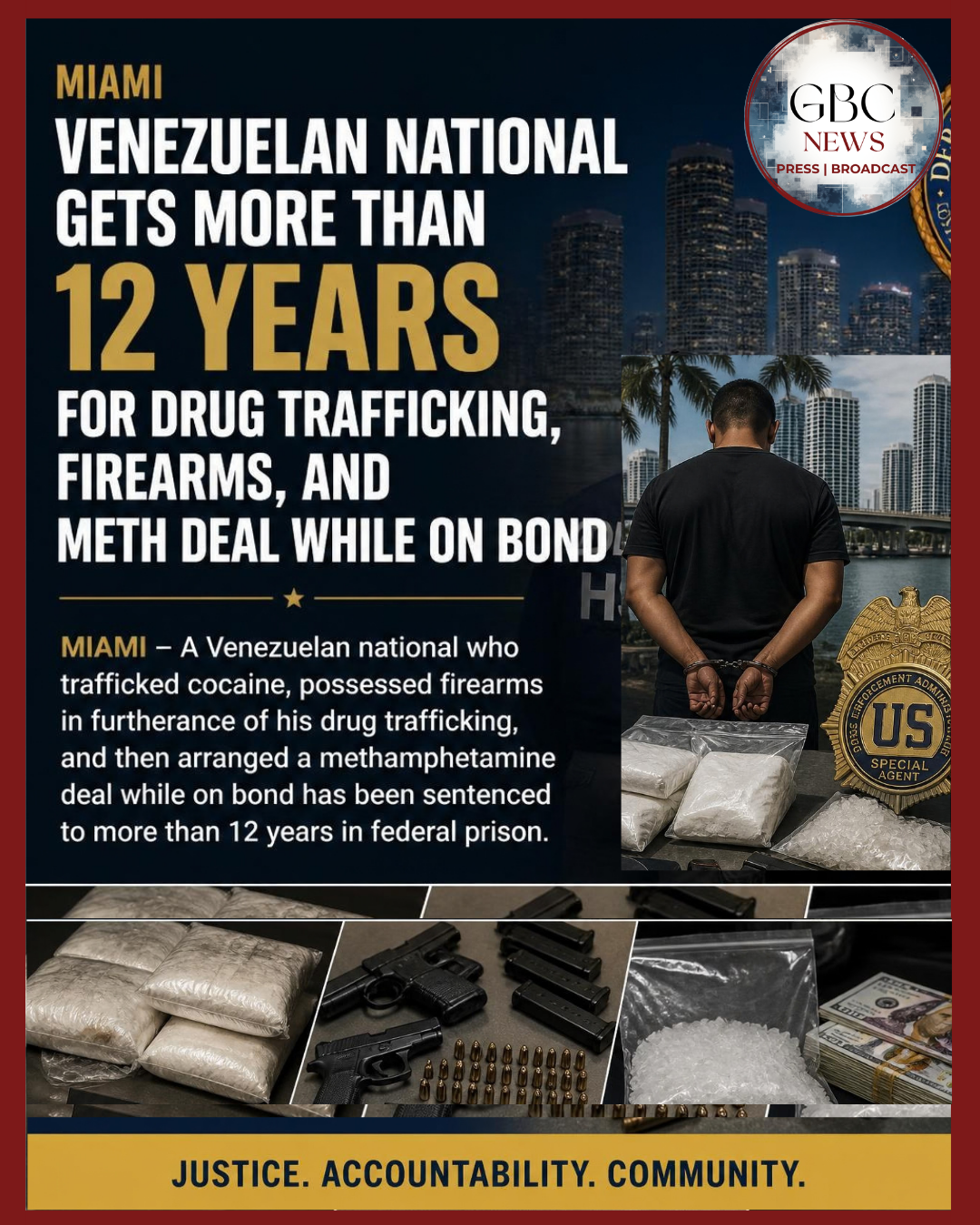 Venezuelan National Gets More than 12 Years for Drug Trafficking, Firearms, and Meth Deal While on Bond
